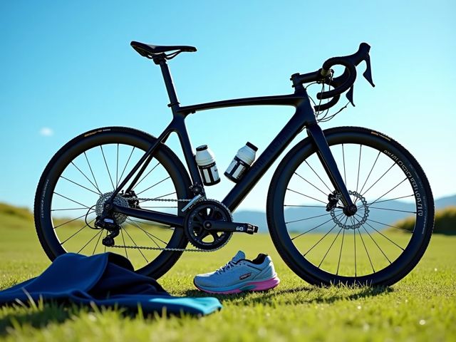 A vibrant display of triathlon gear including a sleek bicycle, running shoes, and a swimming wetsuit, arranged on a grassy field with a bright blue sky